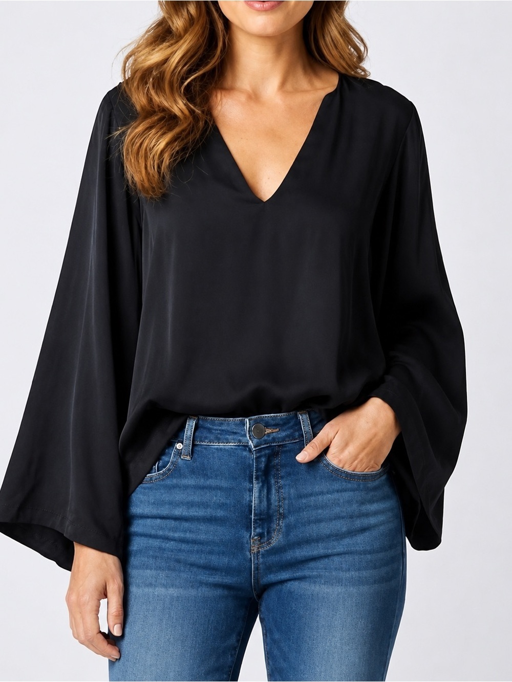 Alexis 100% silk wide sleeve black top, small